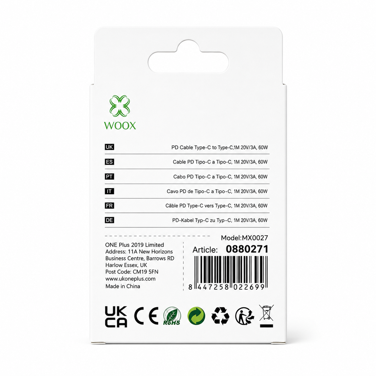 Woox USB-C to USB-C Cable 60W PD Fast Charging 1m