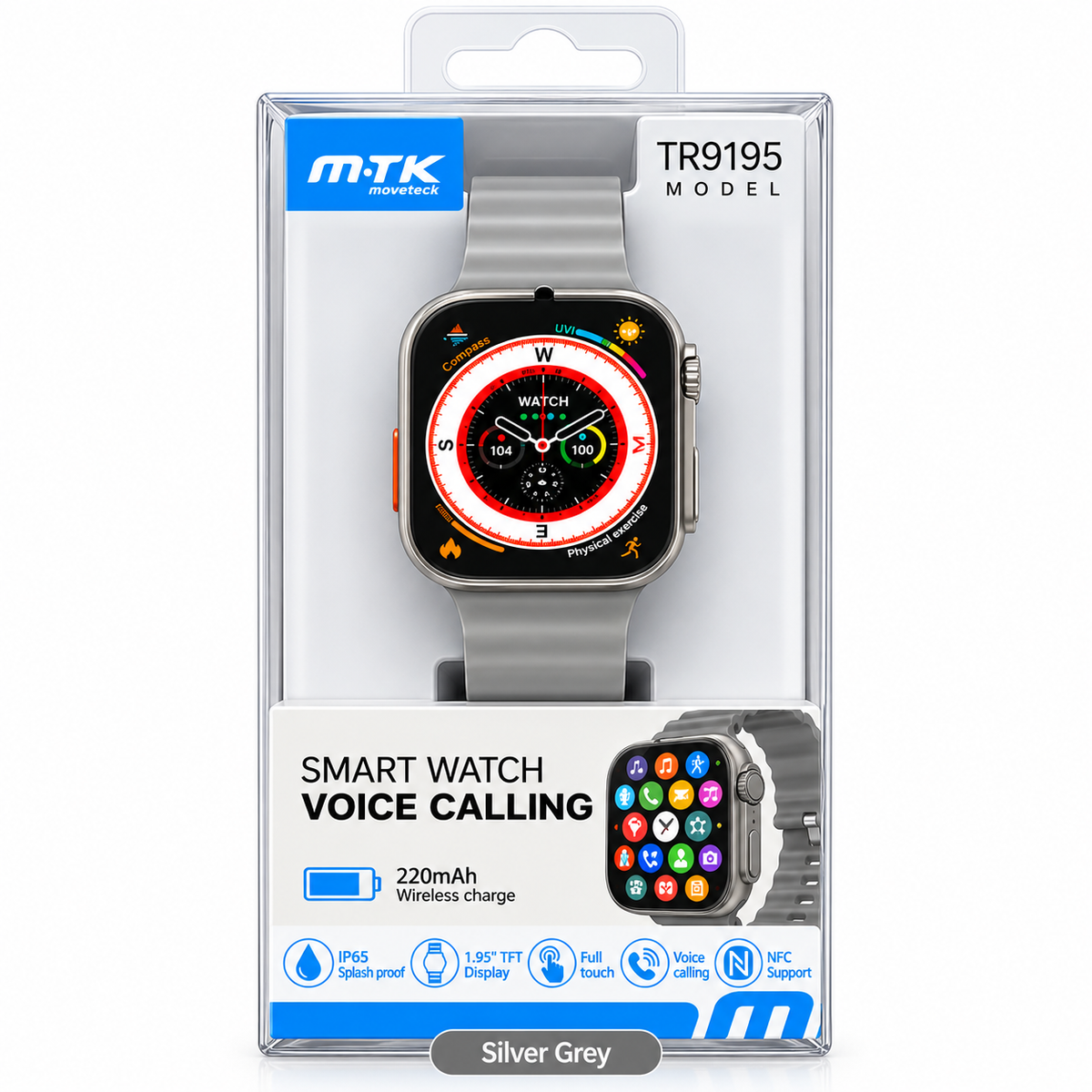 M·TK TR9195 Smart Watch – Voice Calling, 1.85” Touch Screen, NFC & Wireless Charging