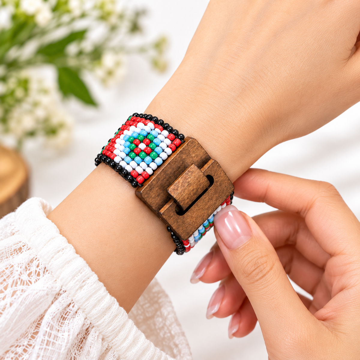 African Traditional Beaded Bracelet Handmade with Natural Wood Buckle