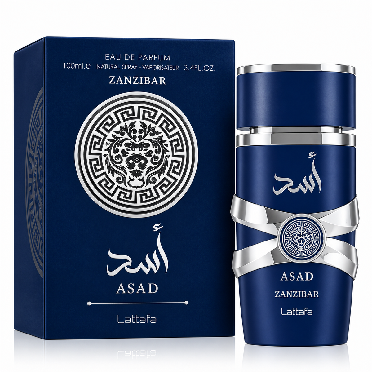 A bottle of Zanzibar Asad Eau de Parfum next to its blue packaging box, both featuring a deep blue color with silver metallic accents and white Arabic calligraphy.