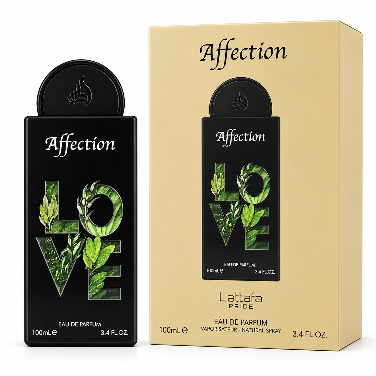 Affection Eau de Parfum bottle and its packaging box by Lattafa Pride. The bottle is black with green leaf-patterned 'LOVE' lettering, and the box is a light beige color with the same design.