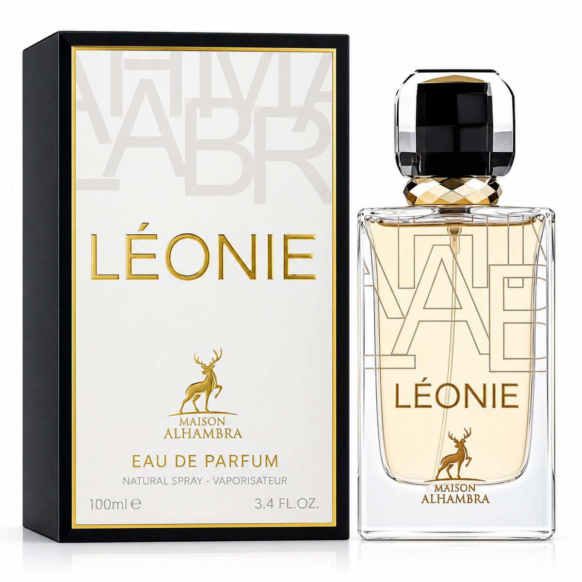 Maison Alhambra Éleon Eau de Parfum bottle next to its black and white packaging box with gold lettering, on a white background.