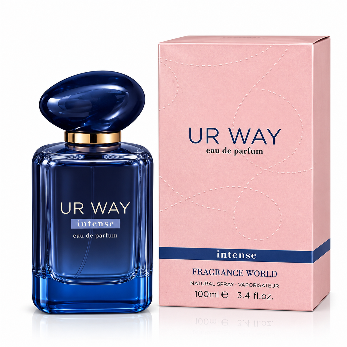 UR WAY Intense Eau de Parfum bottle in deep blue glass with a gold collar, shown next to its pink packaging box on a white background.