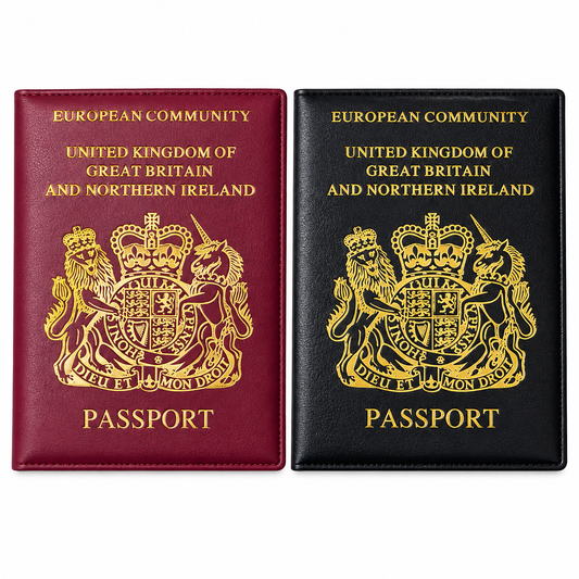 Two passport cover-style cases shown side by side on a white background, one in burgundy red with gold lettering and crest, and one in black with gold lettering and crest. The text reads 'European Community United Kingdom of Great Britain and Northern Ireland PASSPORT'.