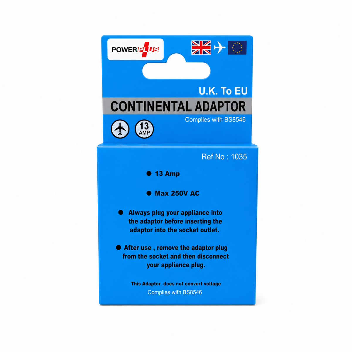 Power Plus UK to EU Continental Travel Adaptor 13A 250V