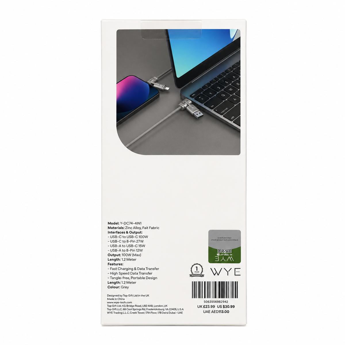 WYE Flow DC74 4-in-1 Fast Charging Cable 1.2m – 100W