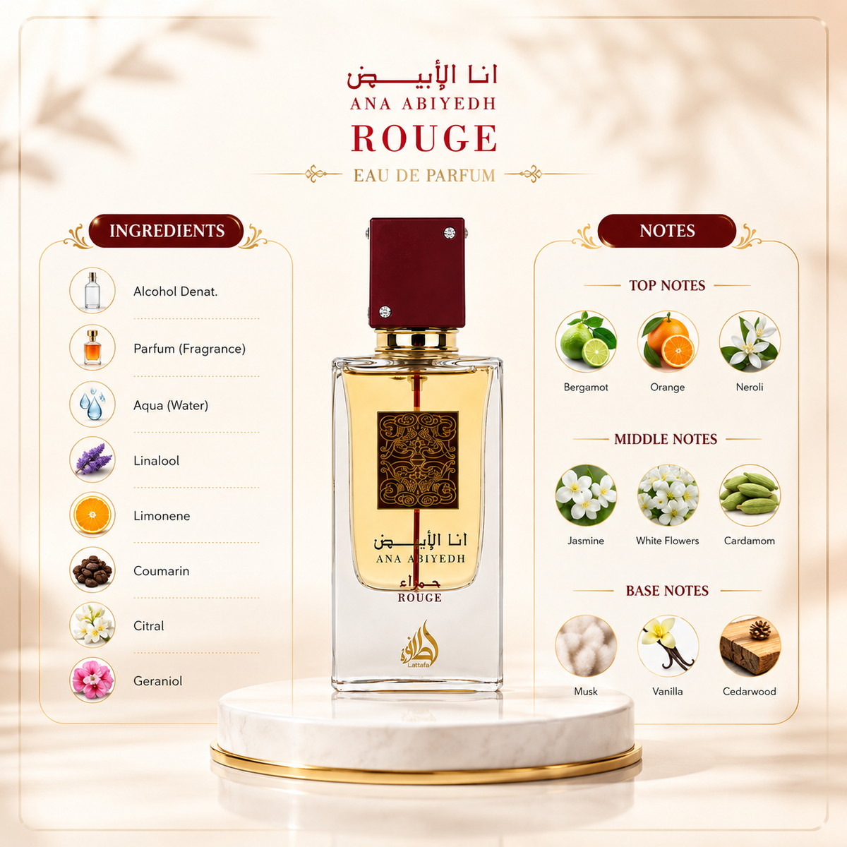 Lattafa Ana Abiyedh Rouge Eau de Parfum 60ml – Unisex Arabian Perfume