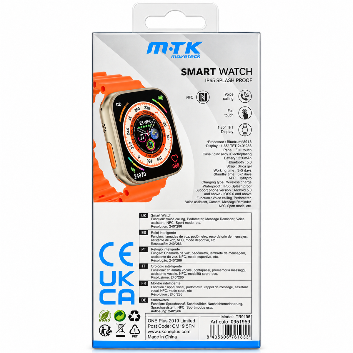 M·TK TR9195 Smart Watch – Voice Calling, 1.85” Touch Screen, NFC & Wireless Charging