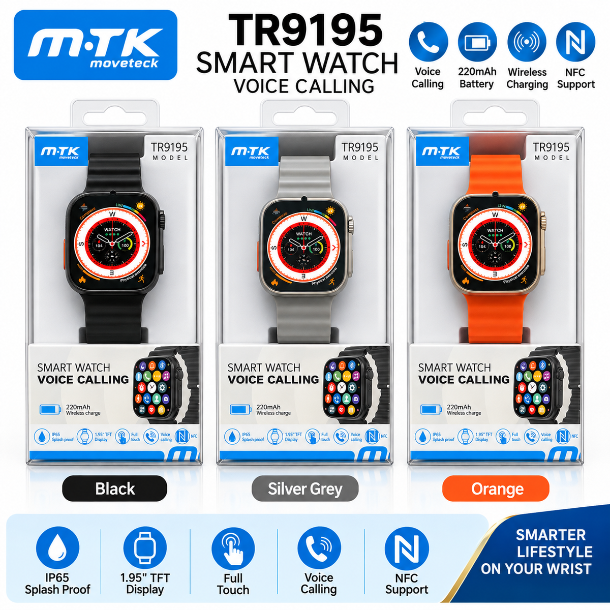 M·TK TR9195 Smart Watch – Voice Calling, 1.85” Touch Screen, NFC & Wireless Charging