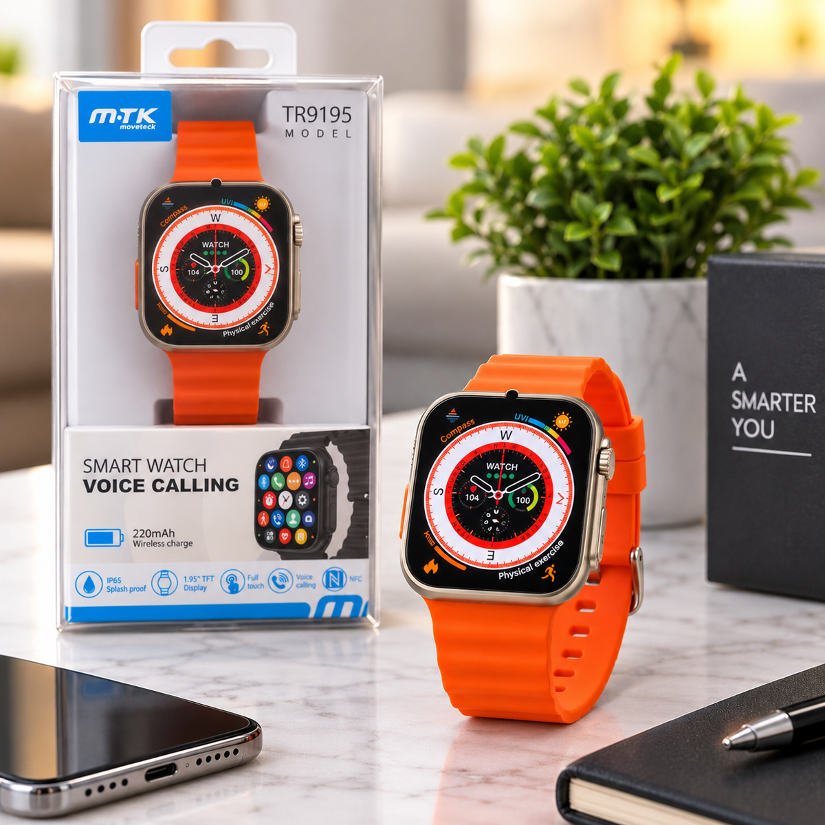 M·TK TR9195 Smart Watch – Voice Calling, 1.85” Touch Screen, NFC & Wireless Charging