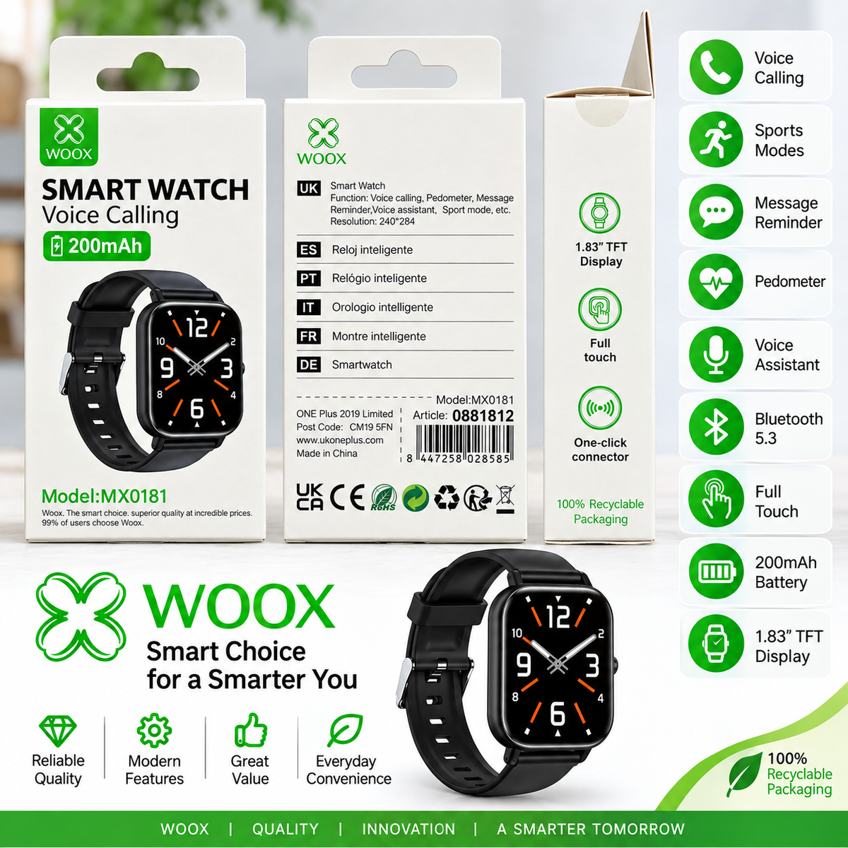 WOOX MX0181 Smart Watch – Bluetooth Voice Calling, 200mAh Battery