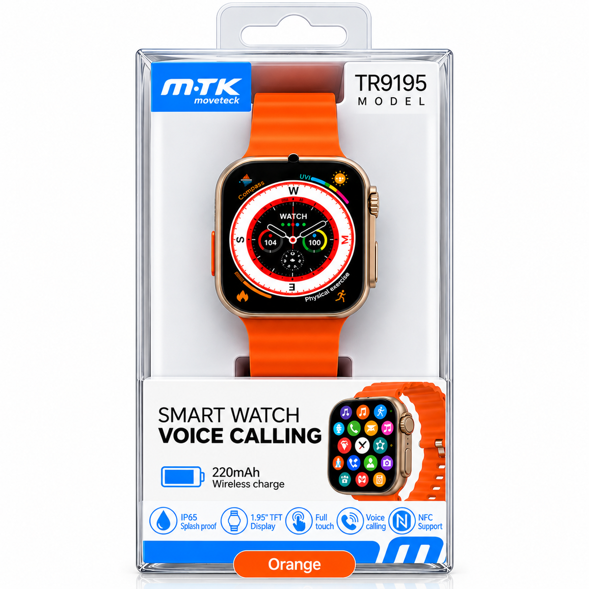 M·TK TR9195 Smart Watch – Voice Calling, 1.85” Touch Screen, NFC & Wireless Charging