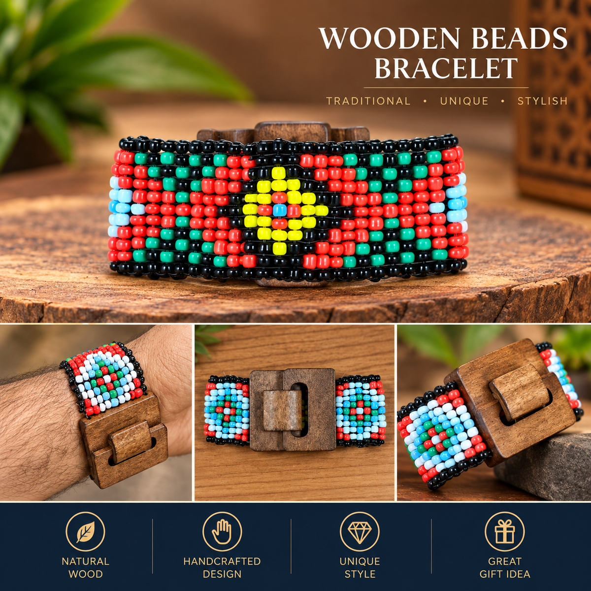 African Traditional Beaded Bracelet Handmade with Natural Wood Buckle