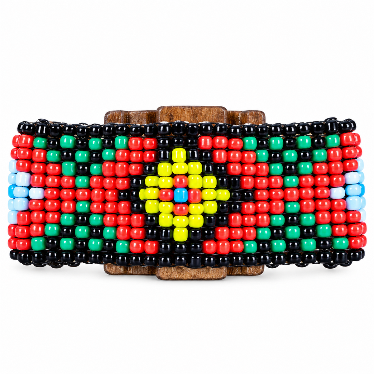 African Traditional Beaded Bracelet Handmade with Natural Wood Buckle