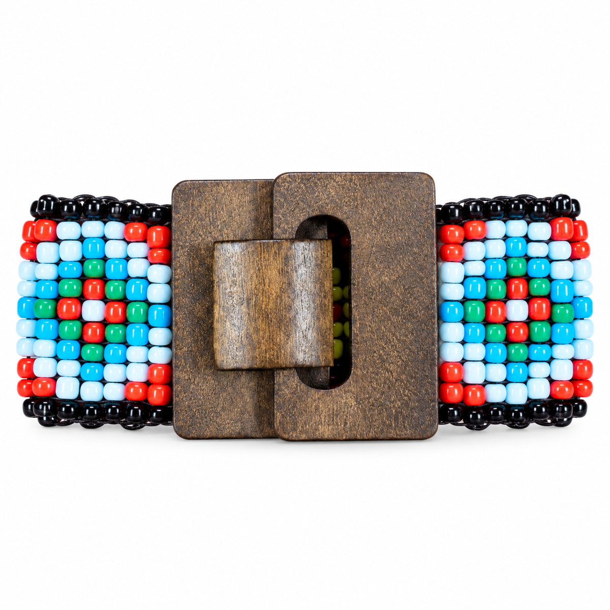 African Traditional Beaded Bracelet Handmade with Natural Wood Buckle