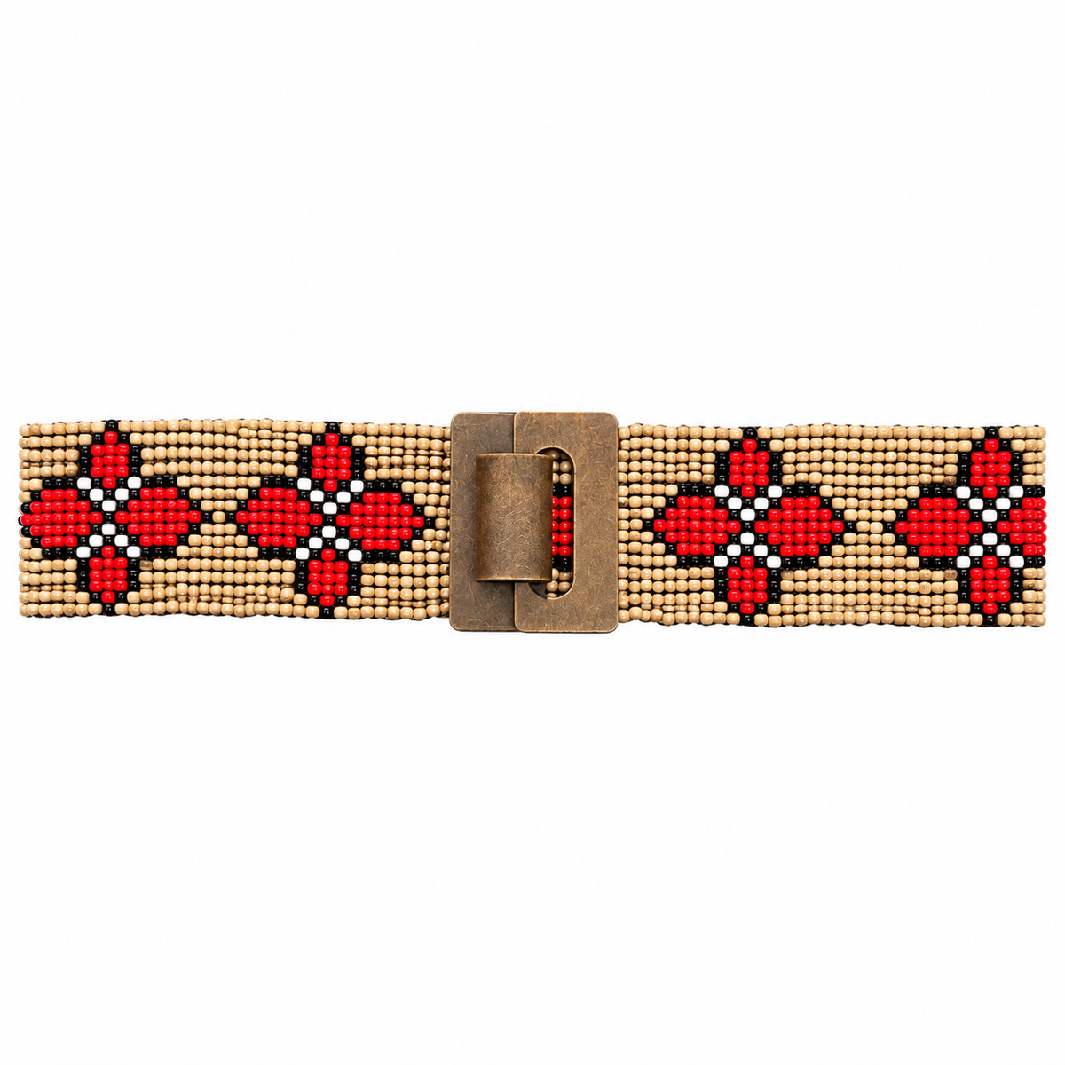 Traditional Beaded Belt Handmade with Natural Wood Buckle – Stretchable Adjustable