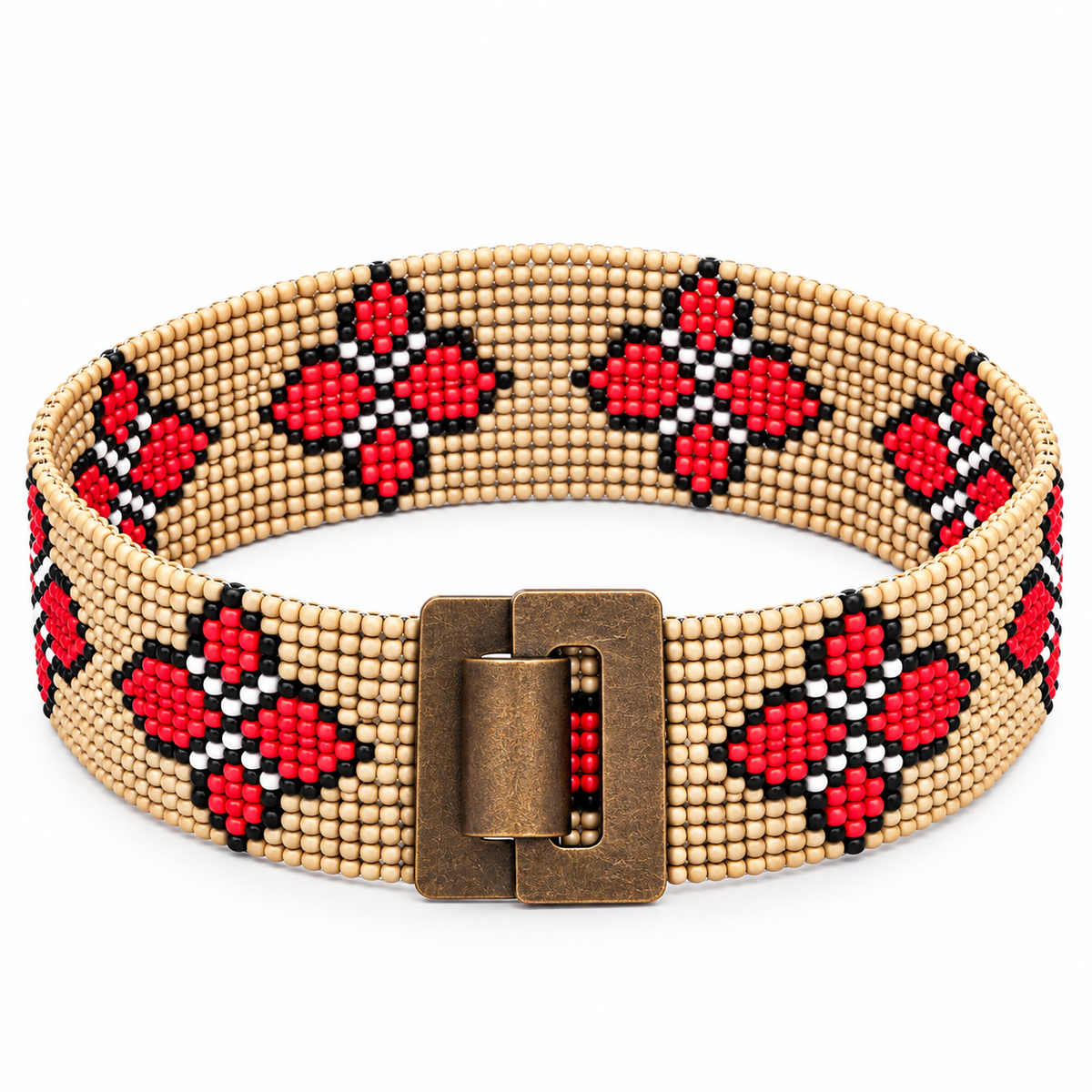 Traditional Beaded Belt Handmade with Natural Wood Buckle – Stretchable Adjustable