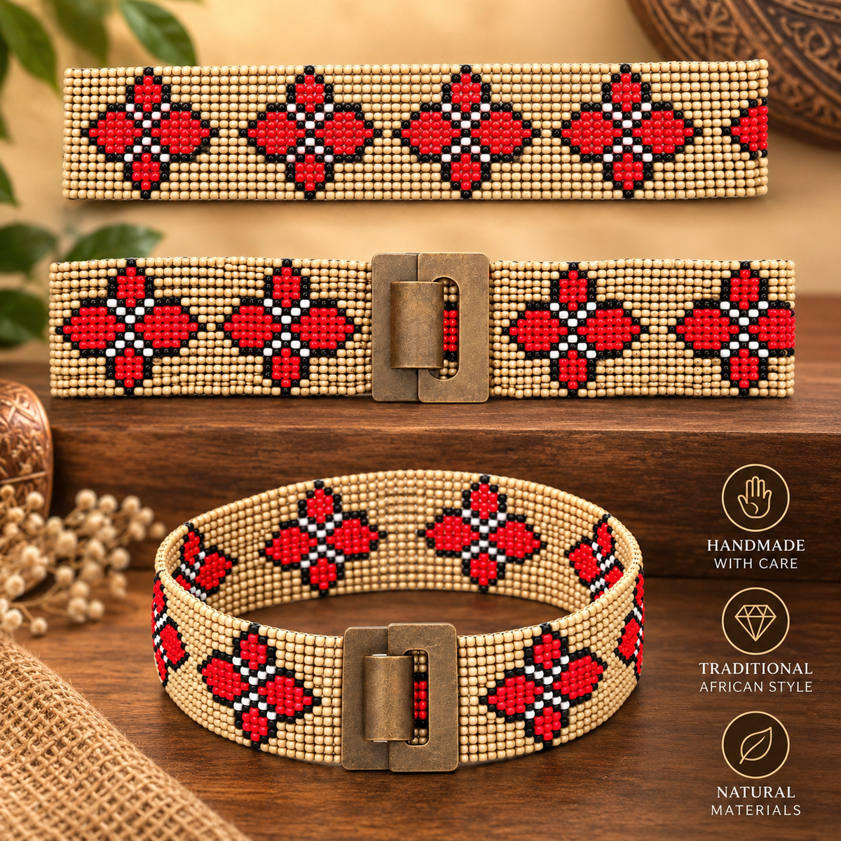 Traditional Beaded Belt Handmade with Natural Wood Buckle – Stretchable Adjustable
