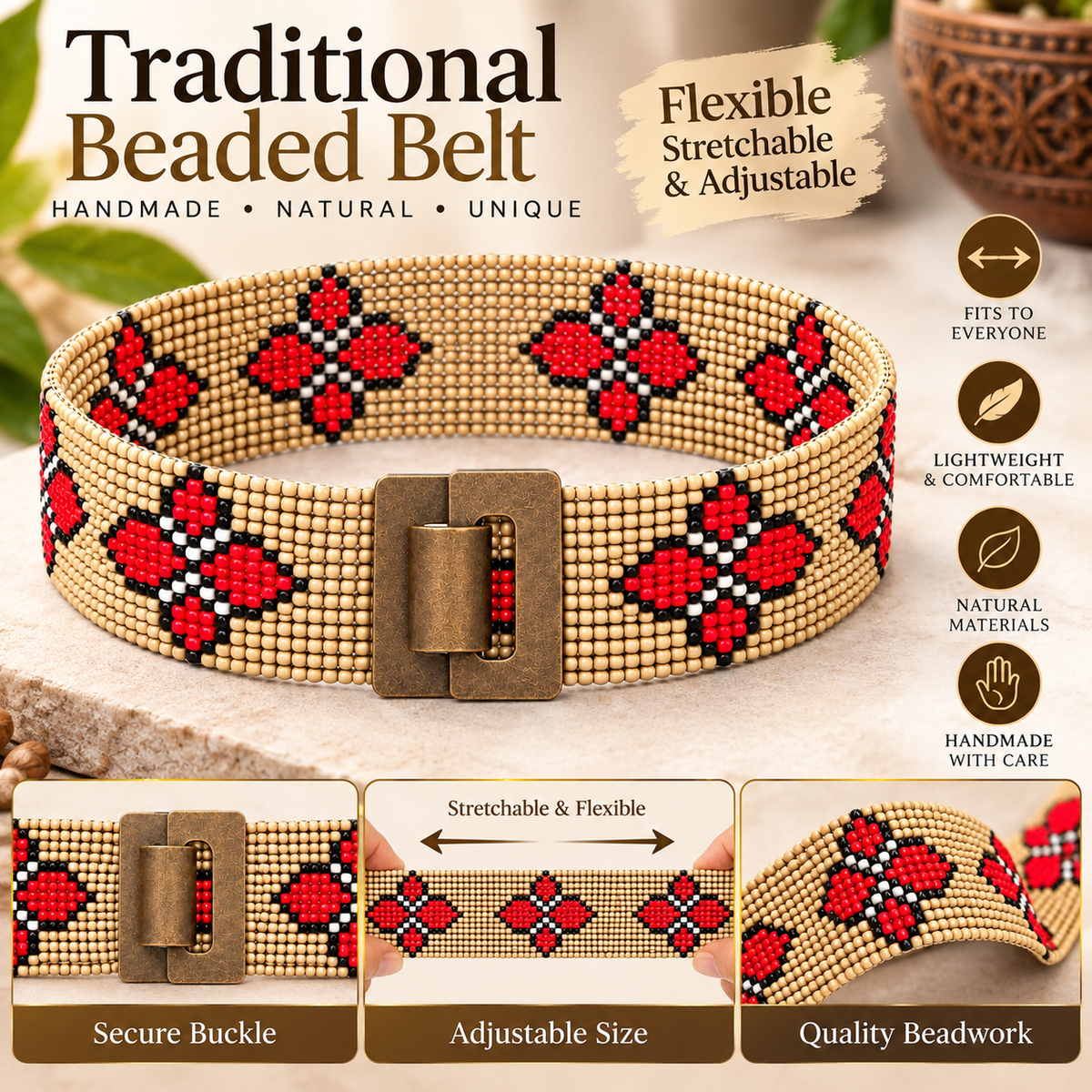 Traditional Beaded Belt Handmade with Natural Wood Buckle – Stretchable Adjustable