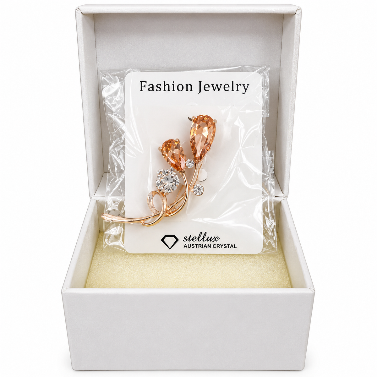 Gold Tone Floral Brooch with Amber Austrian Crystal & Rhinestone Accents