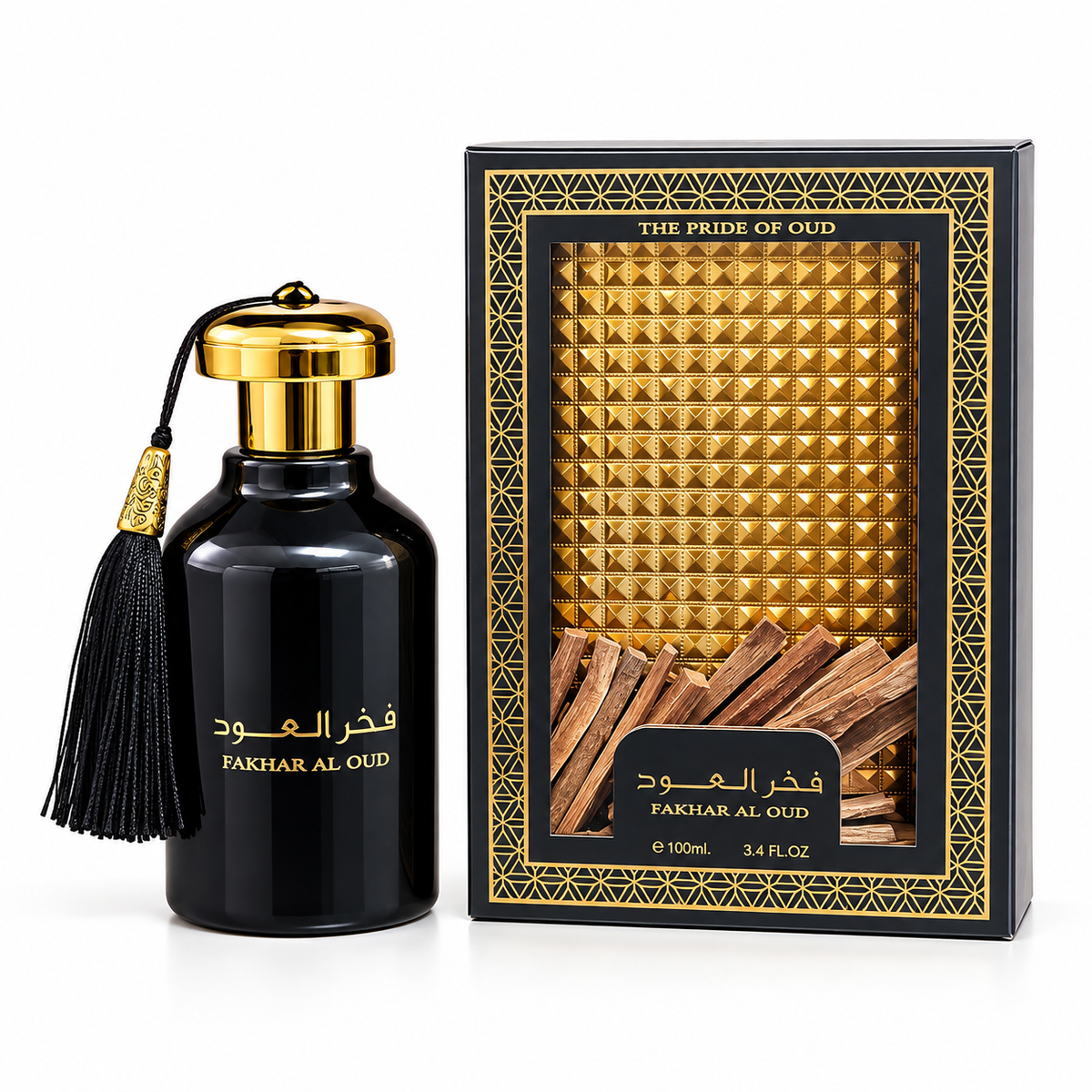 Fakhar Al Oud perfume bottle in glossy black glass with a gold cap and black tassel, shown next to its black and gold retail box featuring a gold pyramid pattern and a window view of wood slices.