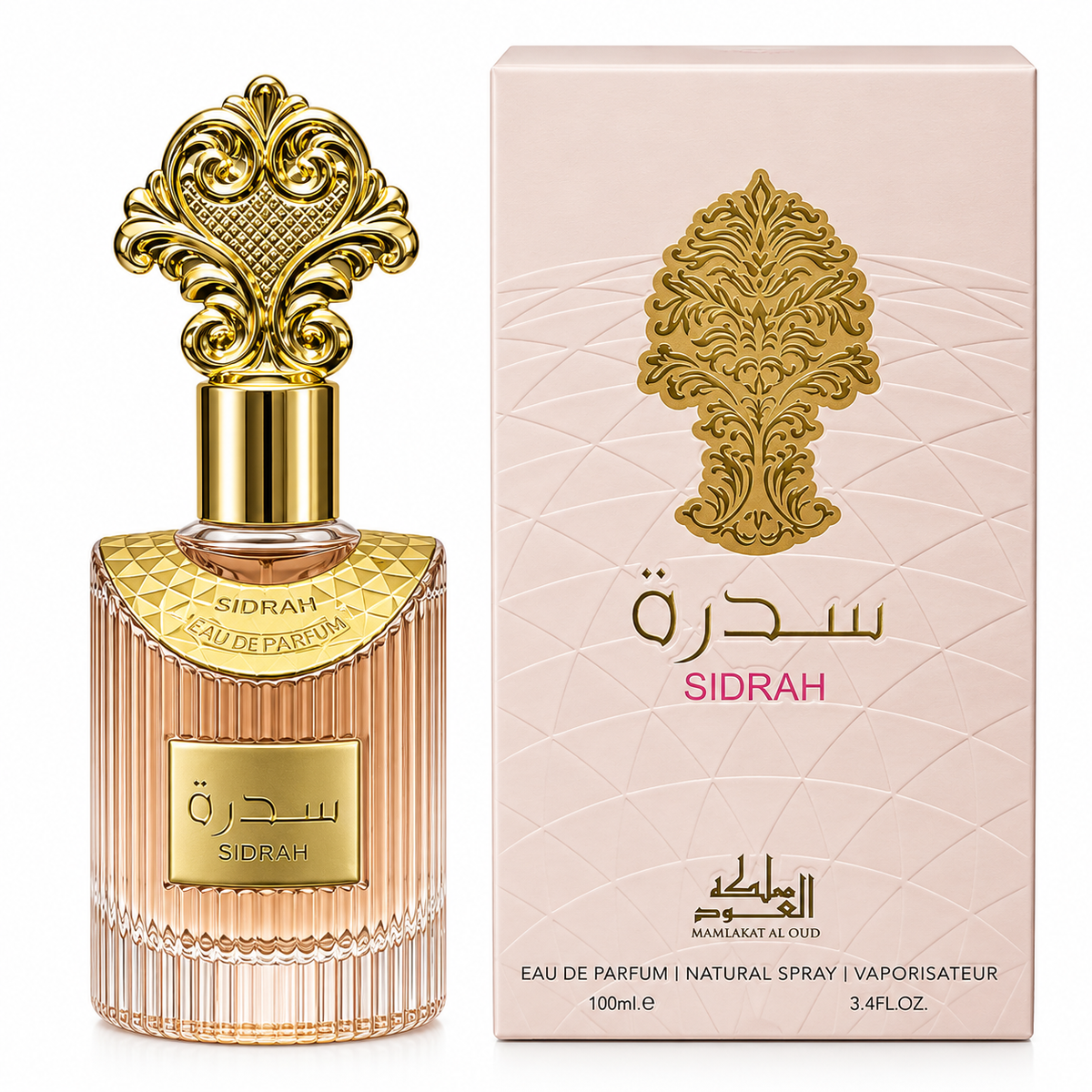 SIDRAH Eau de Parfum bottle with an ornate gold cap next to its light pink packaging box, both featuring gold and pink branding.