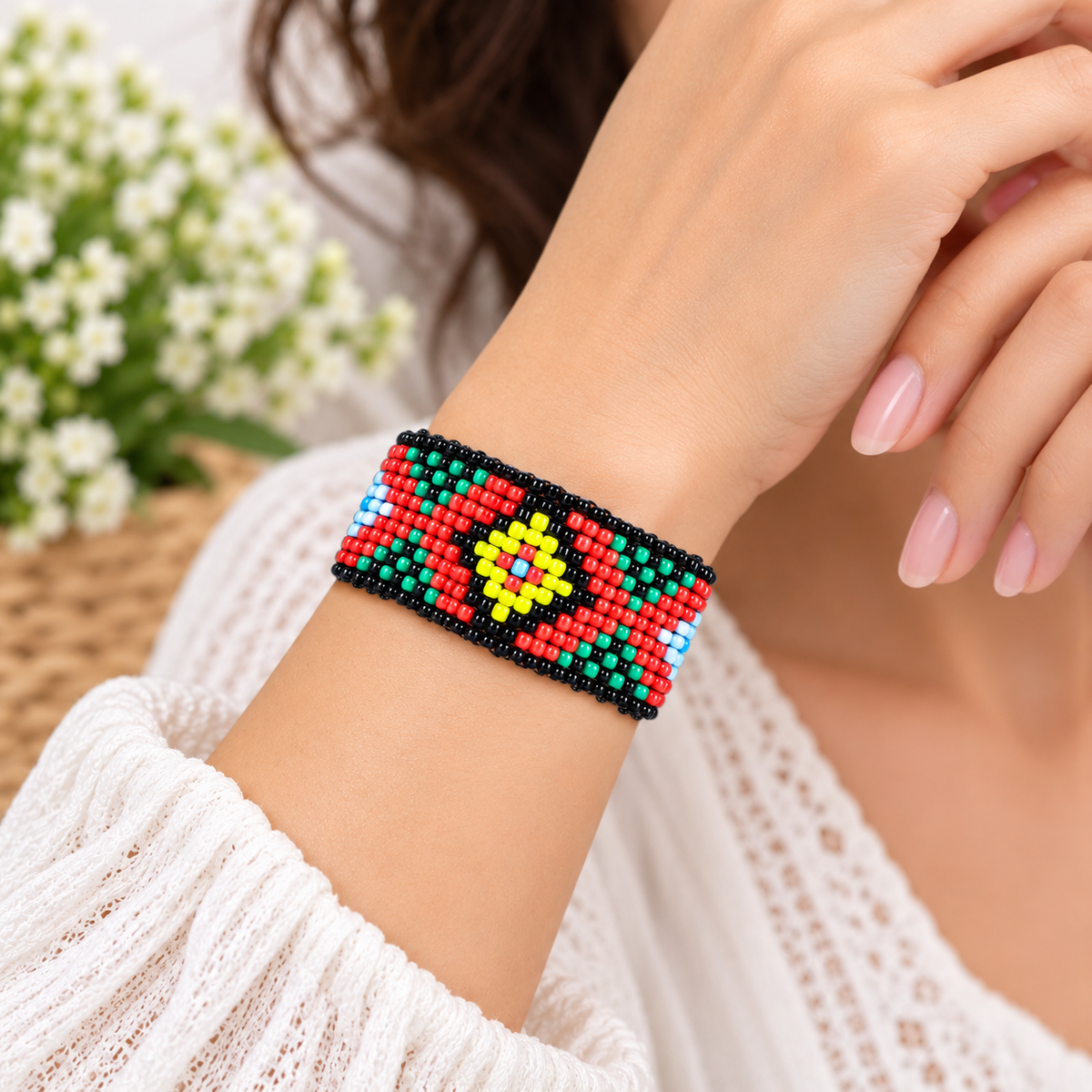 African Traditional Beaded Bracelet Handmade with Natural Wood Buckle