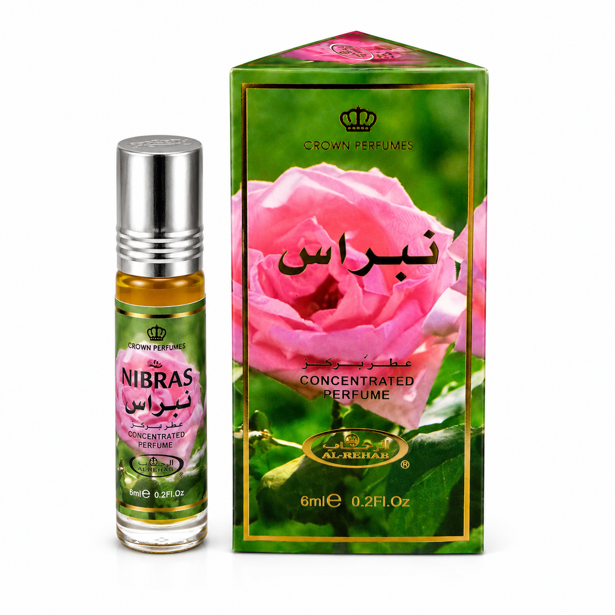 A bottle of Nibras concentrated perfume with a silver cap stands next to its green packaging box featuring a large pink rose and gold lettering, on a white background.