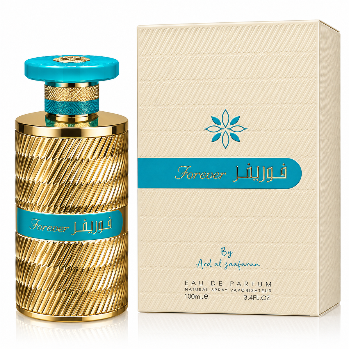 A 100ml bottle of Forever Eau de Parfum by Ard al zaafaran next to its cream-colored packaging box. The bottle features a textured gold body with a turquoise blue band and cap, while the box is cream with a matching turquoise logo.