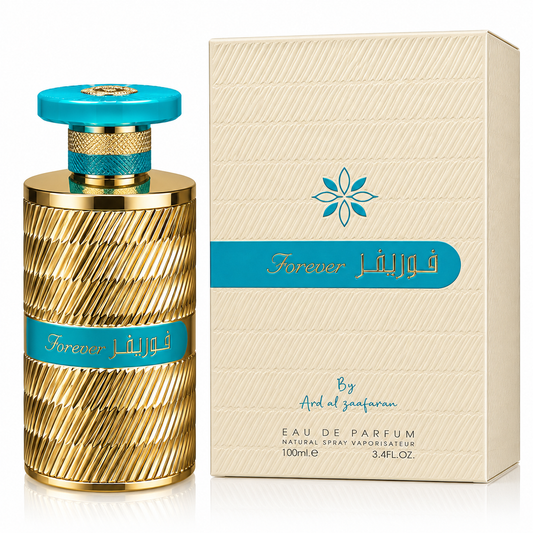 A 100ml bottle of Forever Eau de Parfum by Ard al zaafaran next to its cream-colored packaging box. The bottle features a textured gold body with a turquoise blue band and cap, while the box is cream with a matching turquoise logo.