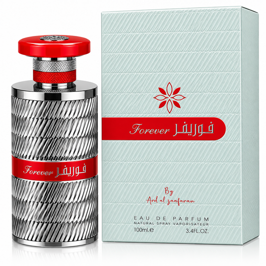 A bottle of Forever Eau de Parfum next to its packaging box. The bottle has a textured silver body with a red cap and a red band featuring the 'Forever' brand name.