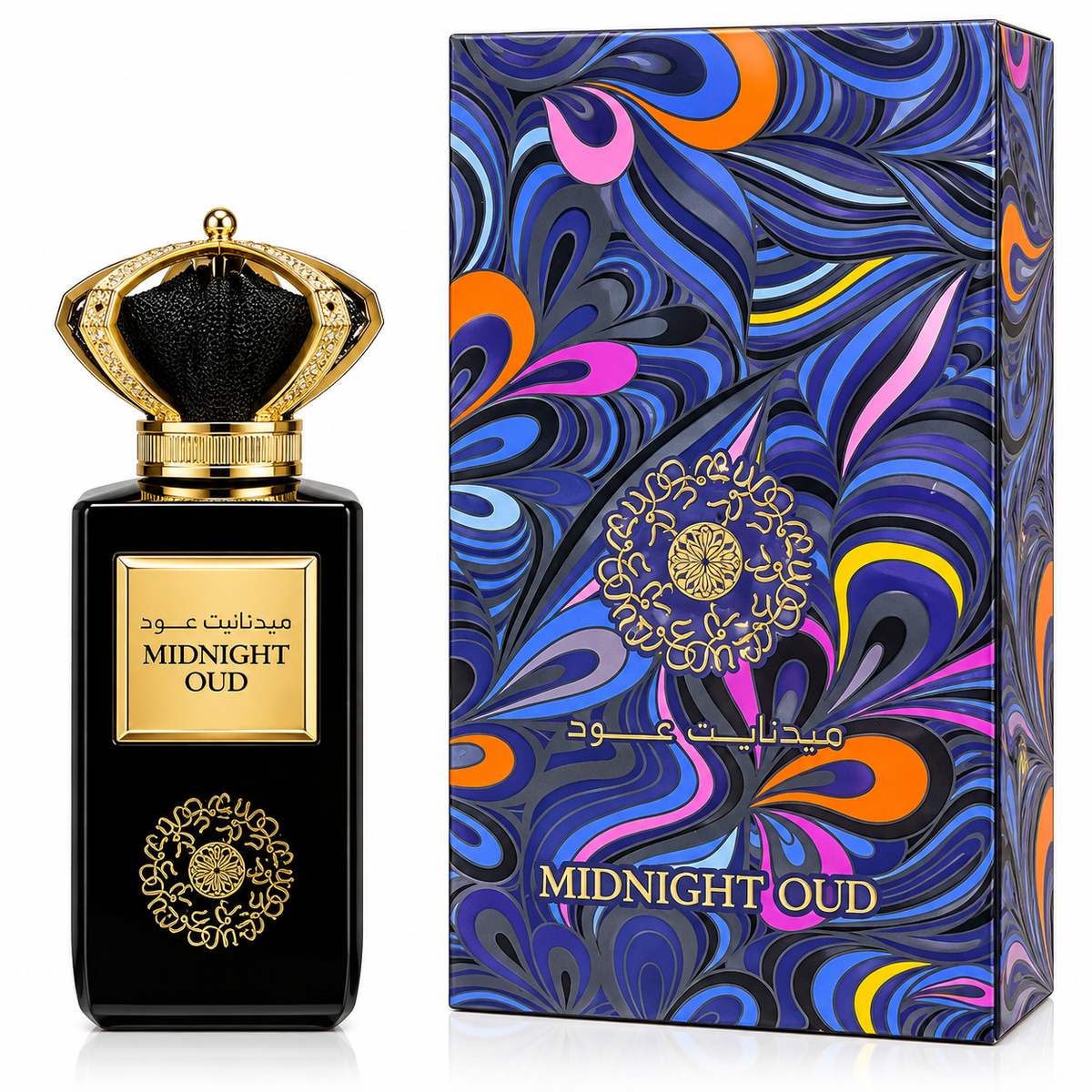 Midnight Oud perfume bottle and its decorative packaging box. The bottle is black with a gold cap and gold label, and the box features a vibrant marbled pattern in blue, purple, orange, and pink with gold detailing.
