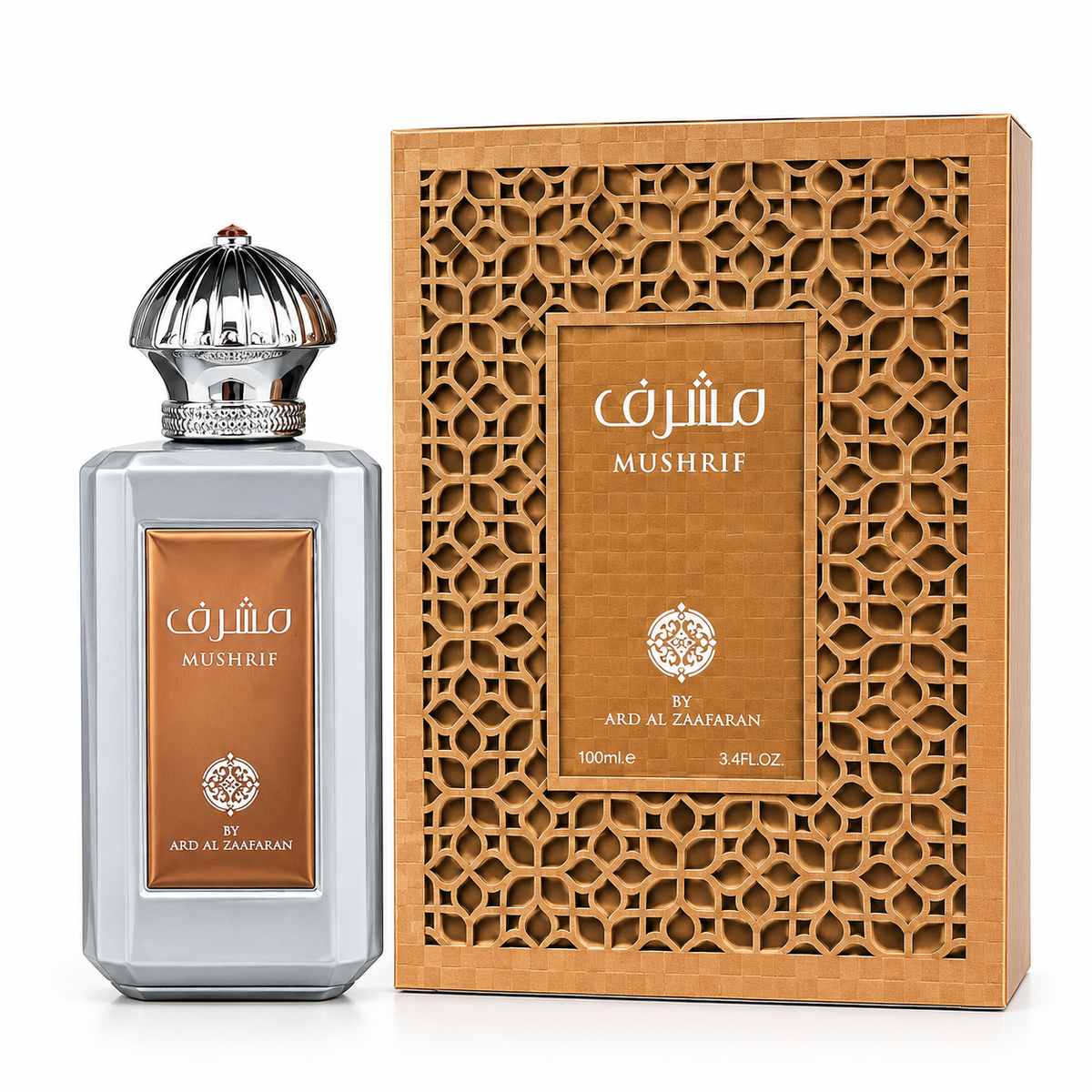 A bottle of Mushrif perfume next to its ornate wooden box. The bottle has a silver-gray glass body with a metallic silver cap and a bronze-brown label.
