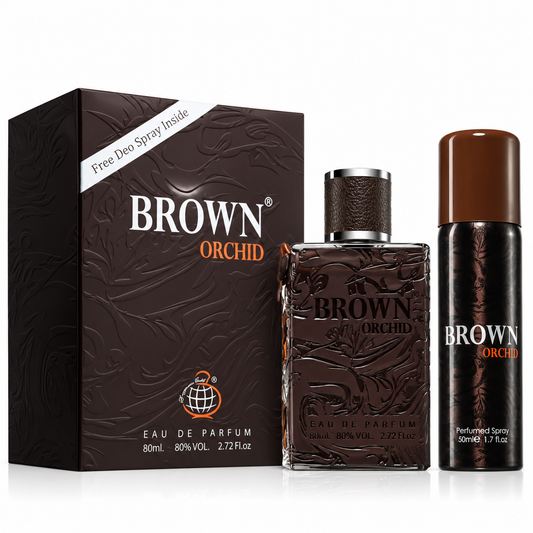 Brown Orchid Eau de Parfum set including a 20ml perfume bottle, a 50ml deodorant spray canister, and the branded retail box on a white background.