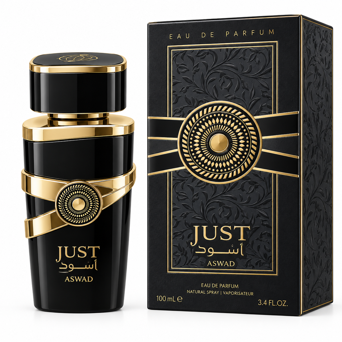 Just Aswad Eau de Parfum bottle and its matching black packaging box with gold detailing, set against a clean white background.