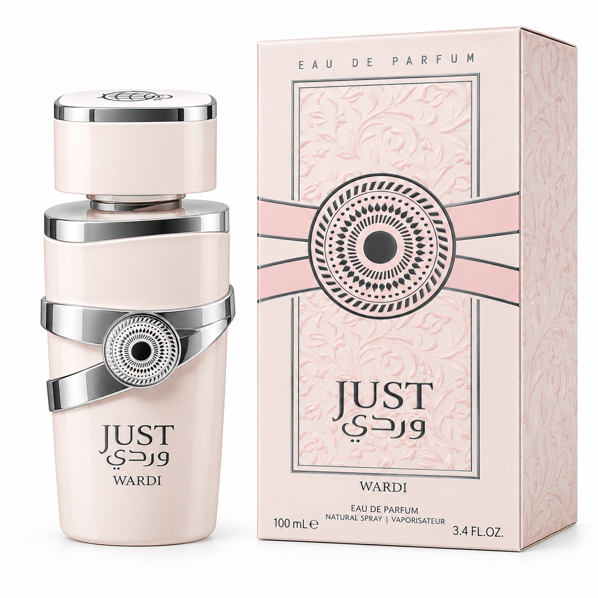 Wardi Just perfume bottle and its matching retail box, both in a pale blush pink color with silver metallic accents and black lettering, set against a plain white background.
