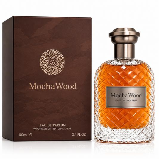 MochaWood Eau de Parfum bottle with amber liquid in a textured clear glass bottle, shown next to its dark brown box on a white background.