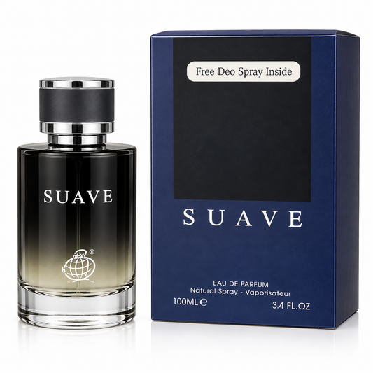 A bottle of SUAVE Eau de Parfum with a black-to-clear gradient glass body and a black cap, shown next to its dark blue packaging box on a white background.