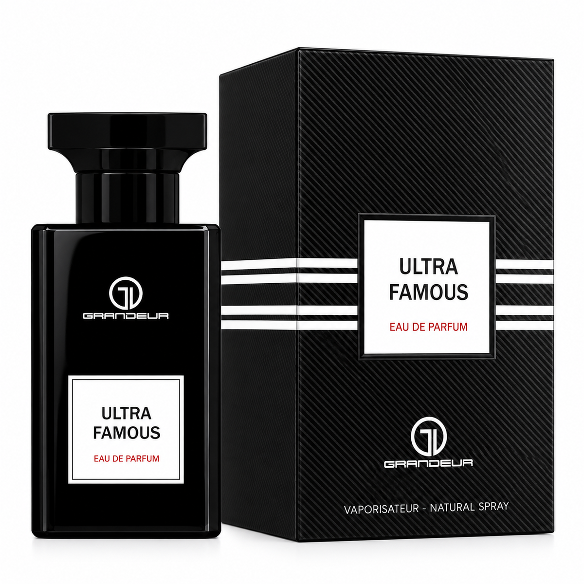 A black rectangular perfume bottle with a matching black box, both labeled 'ULTRA FAMOUS EAU DE PARFUM' and 'GRANDDEUR', shown on a clean white background.
