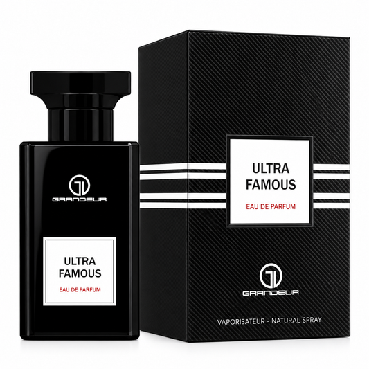 A black rectangular perfume bottle with a matching black box, both labeled 'ULTRA FAMOUS EAU DE PARFUM' and 'GRANDDEUR', shown on a clean white background.