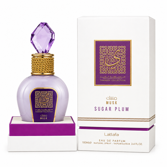 Lattafa Musk Sugar Plum 100ml Eau de Parfum Thameen Collection perfume bottle and box