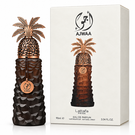 AJWAA Lattafa Pride Eau de Parfum bottle and packaging box, featuring a textured dark brown bottle with a metallic bronze pineapple topper, shown next to its white box.