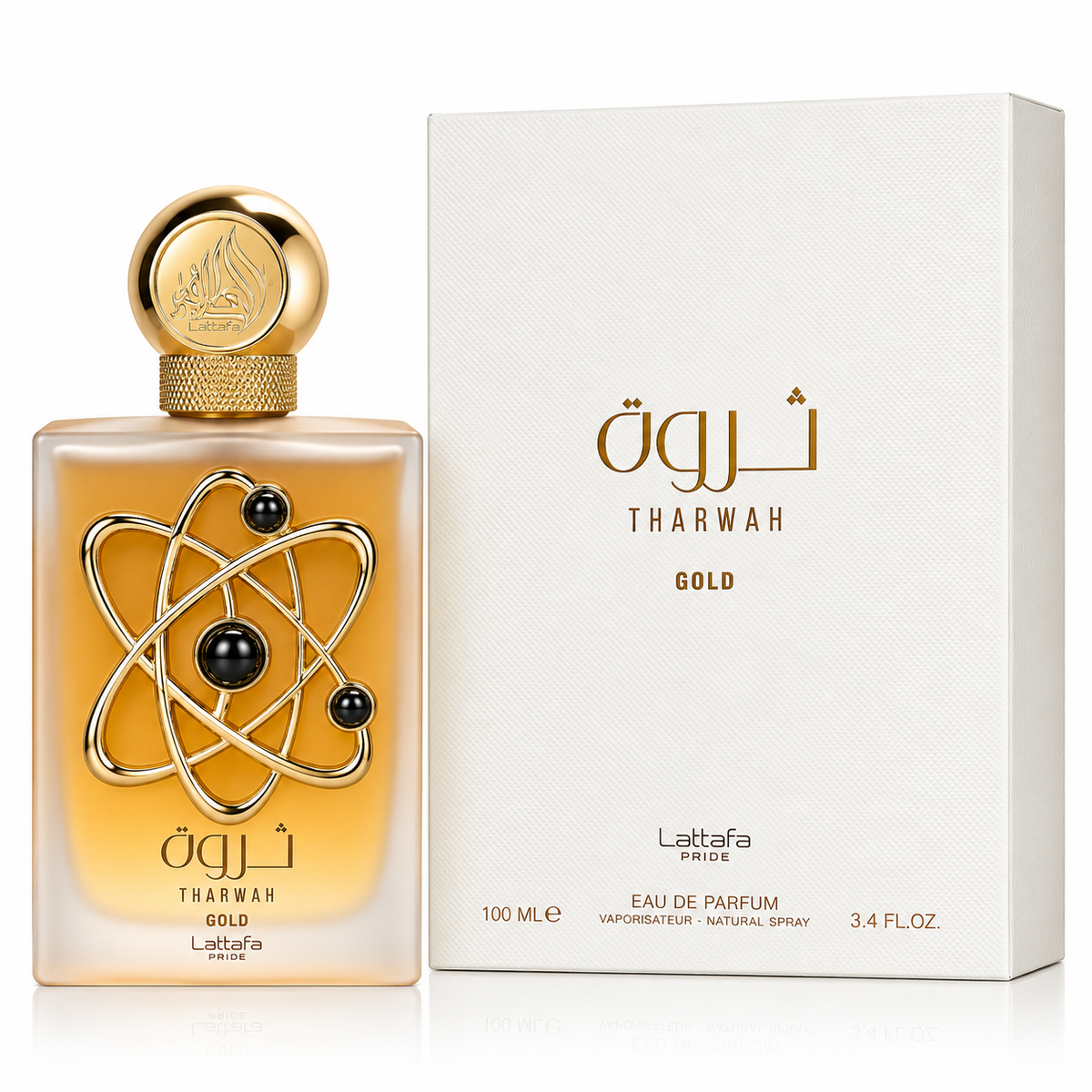Laitafa Pride Tharwah Gold Eau de Parfum bottle with a gold atom design next to its textured white packaging box.
