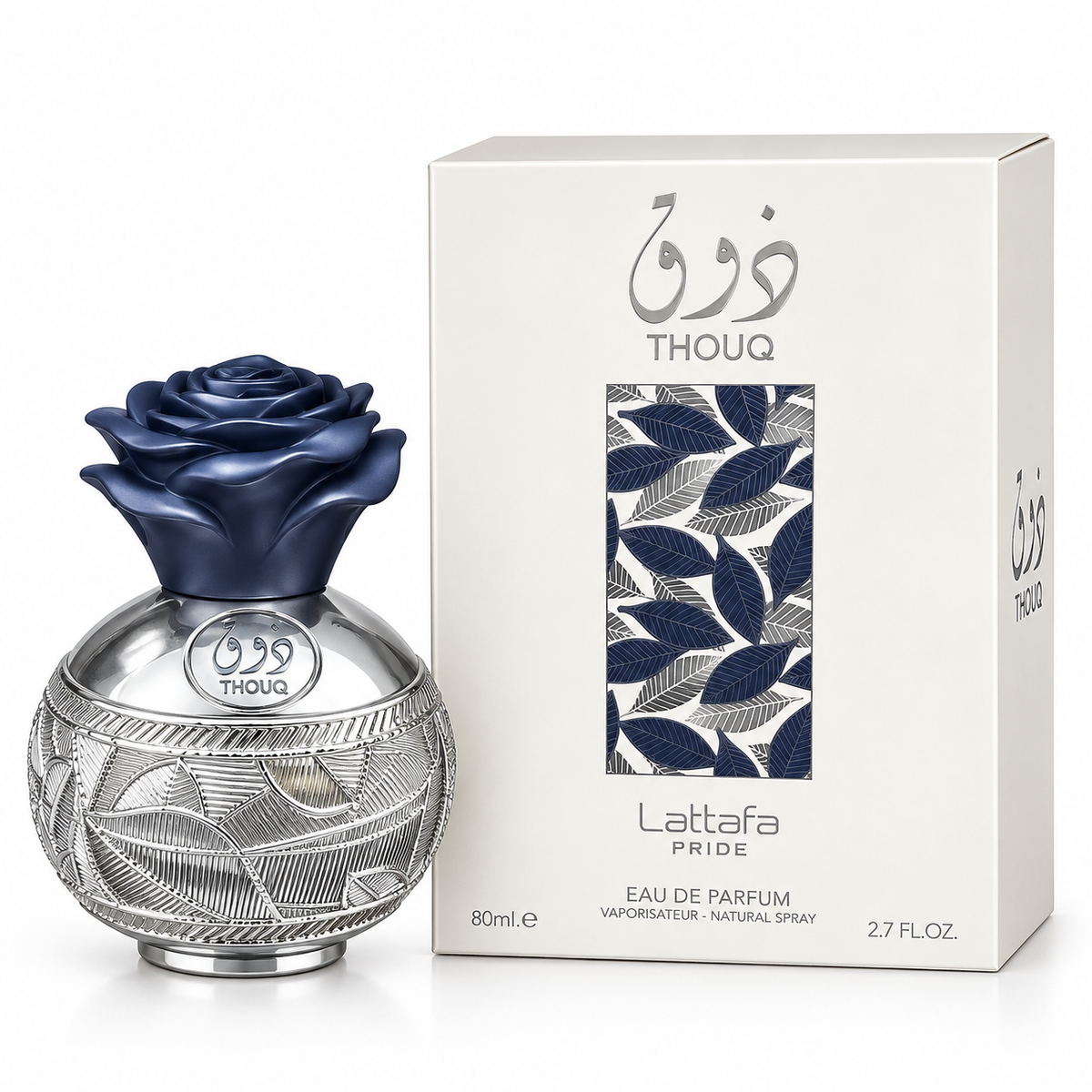 Lattafa Pride Thouq Eau de Parfum bottle with a dark blue rose cap and silver patterned base, shown next to its white packaging box featuring blue leaf patterns and Arabic text.