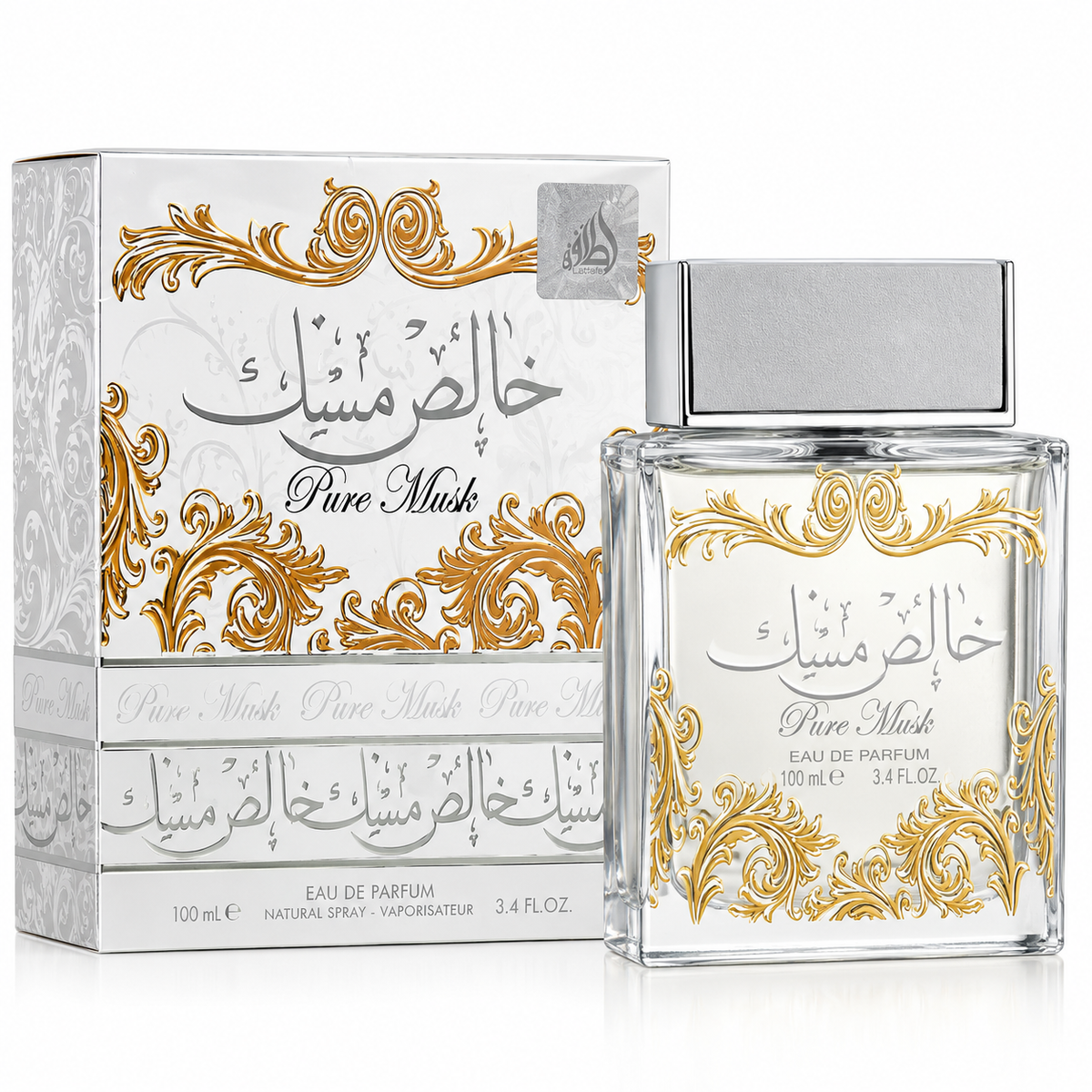 Pure Musk Eau de Parfum 100ml bottle with a silver cap next to its white and gold ornate packaging box, featuring Arabic script and gold scrollwork.