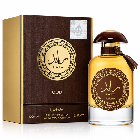 Lattaafa Oud Eau de Parfum bottle with amber liquid and a dark brown cap, shown next to its matching brown and gold box on a white background.
