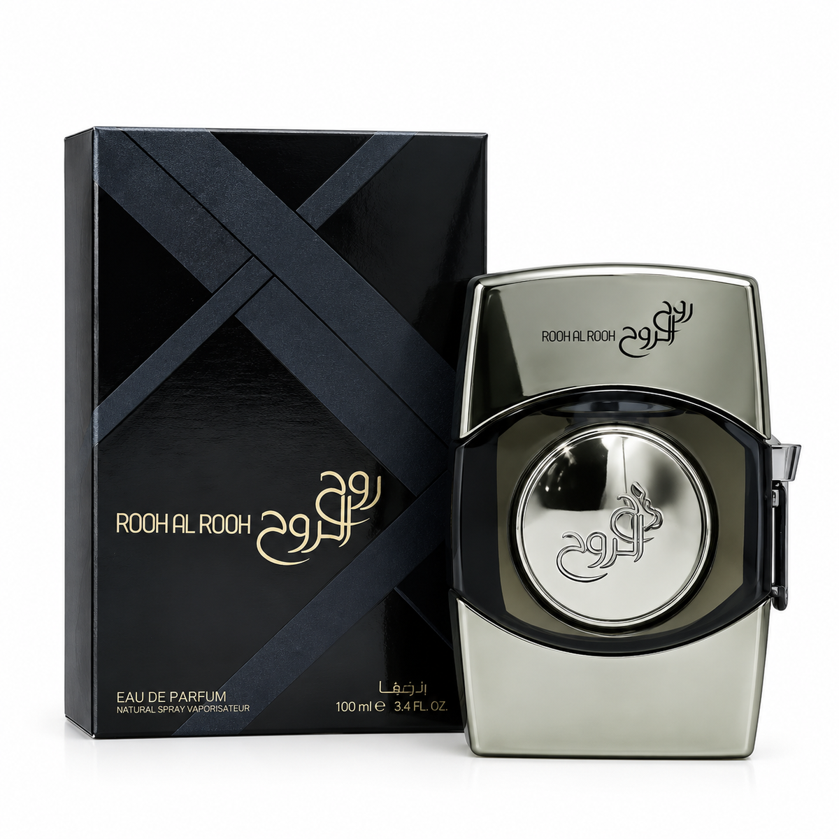Roach Al Rooh Eau de Parfum bottle next to its black packaging box with gold lettering, on a clean white background.