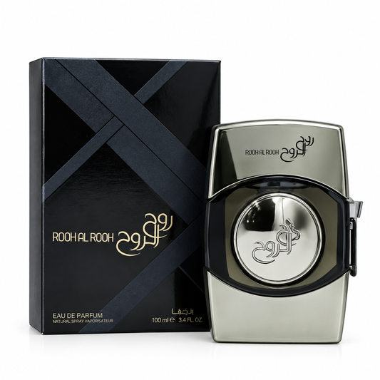 Roach Al Rooh Eau de Parfum bottle next to its black packaging box with gold lettering, on a clean white background.