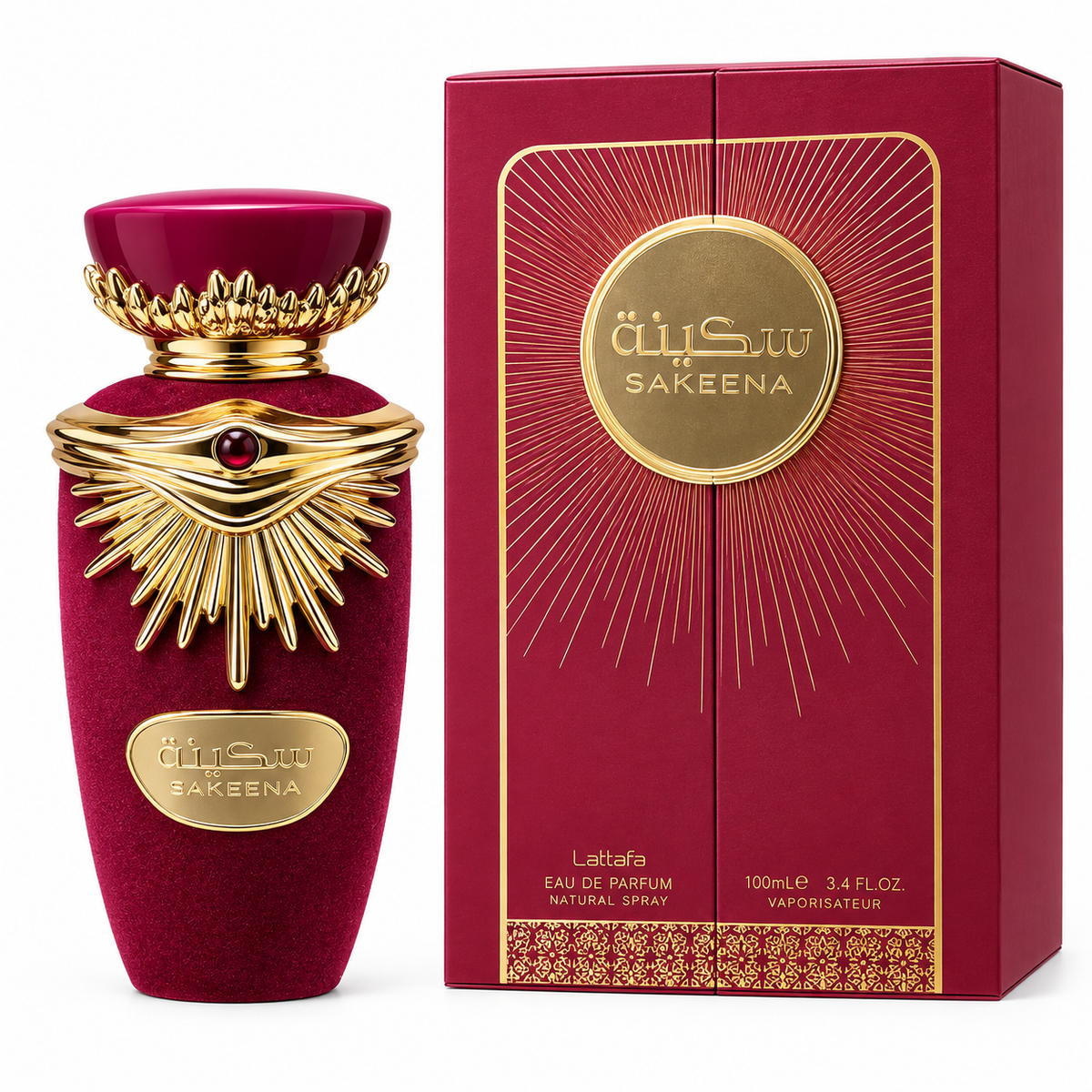 Sakeena Lattafa Eau de Parfum 100ml bottle in deep red velvet with gold detailing, shown next to its matching red and gold packaging box.