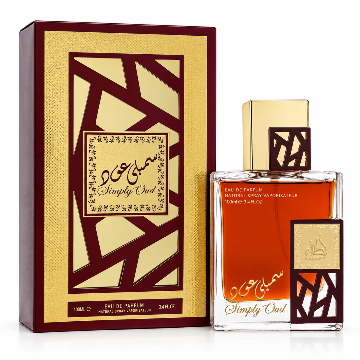 Simply Oud Eau de Parfum bottle with amber liquid and a matching box, both featuring gold and dark red geometric designs with Arabic script.